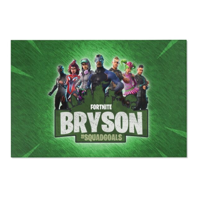 A custom Fortnite rug personalized with a name, battle-royale skins across a teen playroom floor.