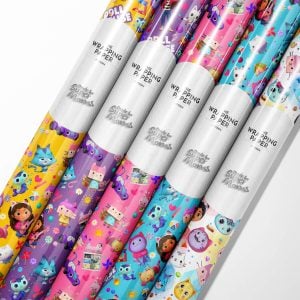 Roll of Gabby's Dollhouse wrapping paper featuring Gabby and Pandy Paws.