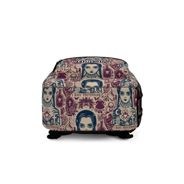 Bottom view of the durable Wednesday Addams kids backpack showing the reinforced base and adjustable breathable mesh padded shoulder straps.
