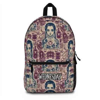 Front view of the personalized Wednesday Addams school backpack featuring a dark gothic skull and raven pattern with custom printed name.