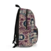 Side profile of the custom Wednesday Addams gothic daypack showing the waterproof canvas and convenient elastic water bottle pocket.