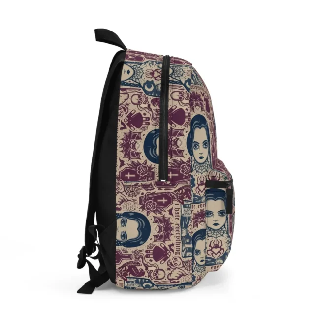 Side profile of the custom Wednesday Addams gothic daypack showing the waterproof canvas and convenient elastic water bottle pocket.