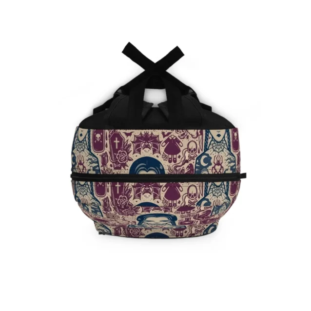 Top down view of the personalized Wednesday school backpack highlighting the heavy-duty smooth-glide zippers and sturdy carry handle.