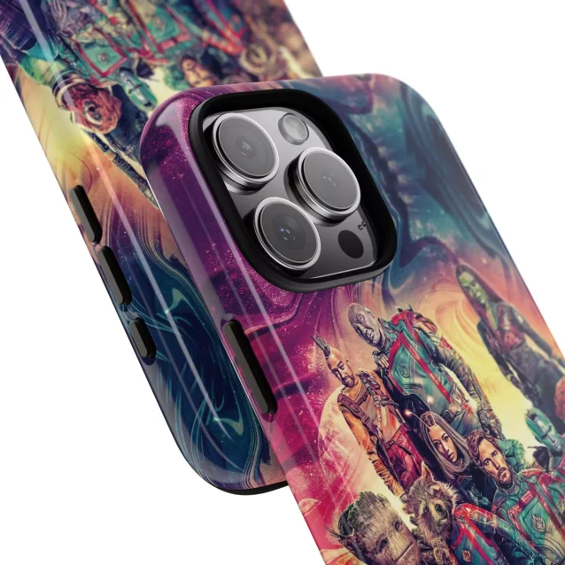 A Samsung phone with a Guardians of the Galaxy case, next to a pair of headphones.