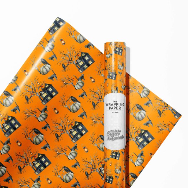 Halloween Ghost wrapping paper featuring friendly ghost characters for kids.