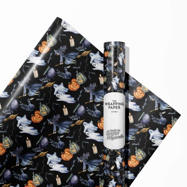 Creepy yet fun Halloween Ghost pattern on a roll of gift wrap.