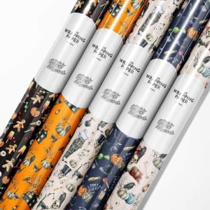 Roll of Halloween Ghost wrapping paper with playful spooky ghost pattern.