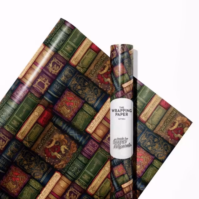 Harry Potter Christmas wrapping paper with a repeating pattern of the Hogwarts crest and snowflakes.