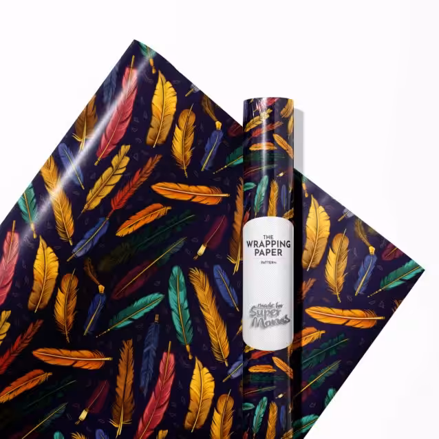 Harry Potter Christmas wrapping paper showcasing cartoon versions of Harry, Ron, and Hermione in Santa hats.