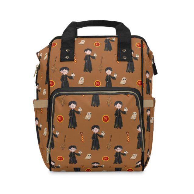 Brown Harry Potter baby bag with chibi Harry and Hedwig artwork and red accents.