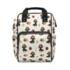 White Harry Potter diaper bag backpack with chibi Hermione, spell books and gold geometric lines.
