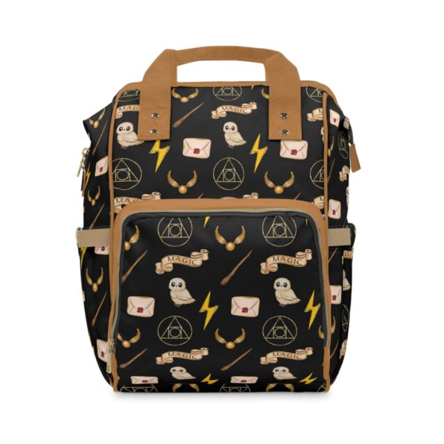 Black and gold Harry Potter diaper bag with Hedwig owls, Hogwarts letters, the Golden Snitch and "Always" banners.