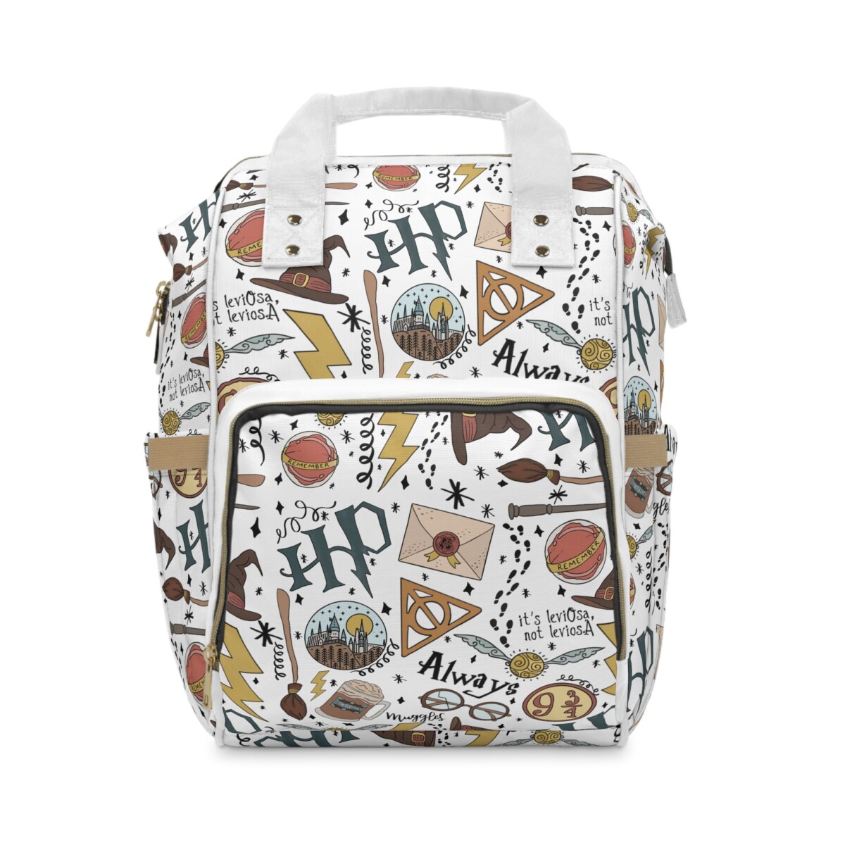 White Harry Potter diaper bag backpack covered in wizarding doodles — HP logo, Deathly Hallows, Platform 9¾ and the Sorting Hat.