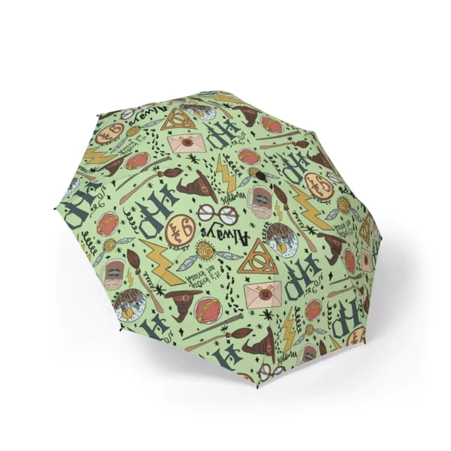 Harry Potter umbrella in the Hogwarts Doodles (Green) design, canopy fully open.