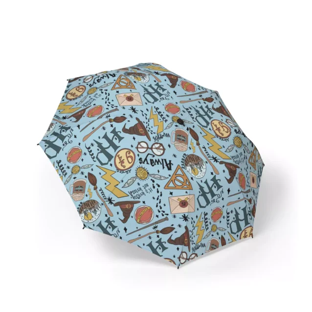 The Hogwarts Doodles (Light Blue) design on the Harry Potter umbrella, seen from above.