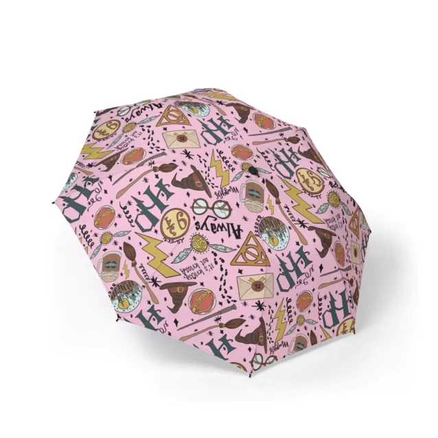 Close-up of the Hogwarts Doodles (Pink) print across the Harry Potter umbrella.