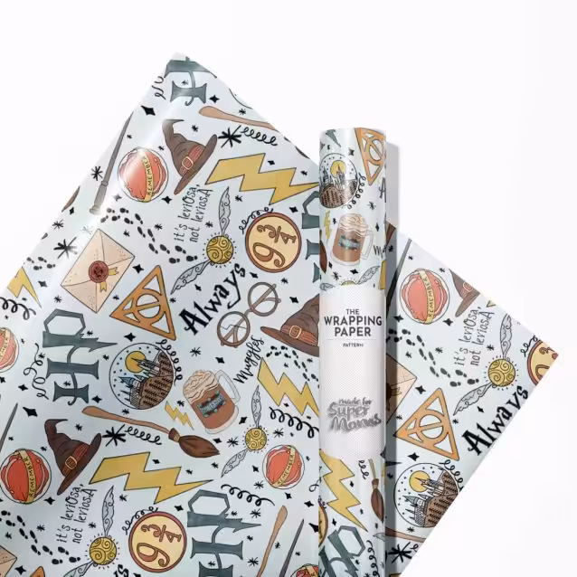 Detailed shot of the luxurious gloss finish on the Harry Potter wrapping paper.