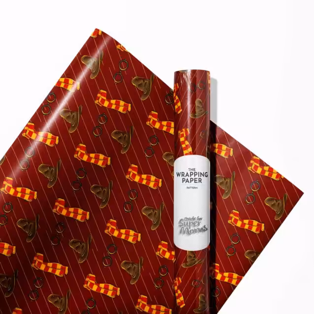 A collection of gifts wrapped in different Harry Potter designs, including house colors.