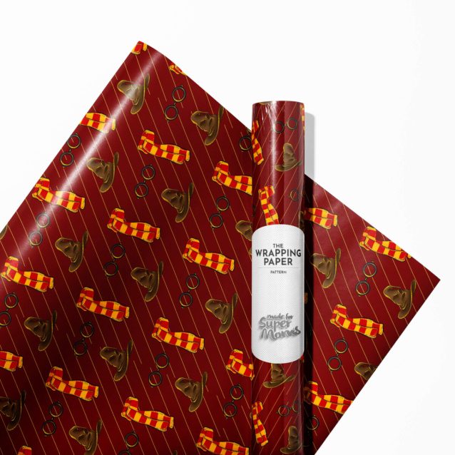 A collection of gifts wrapped in different Harry Potter designs, including house colors.