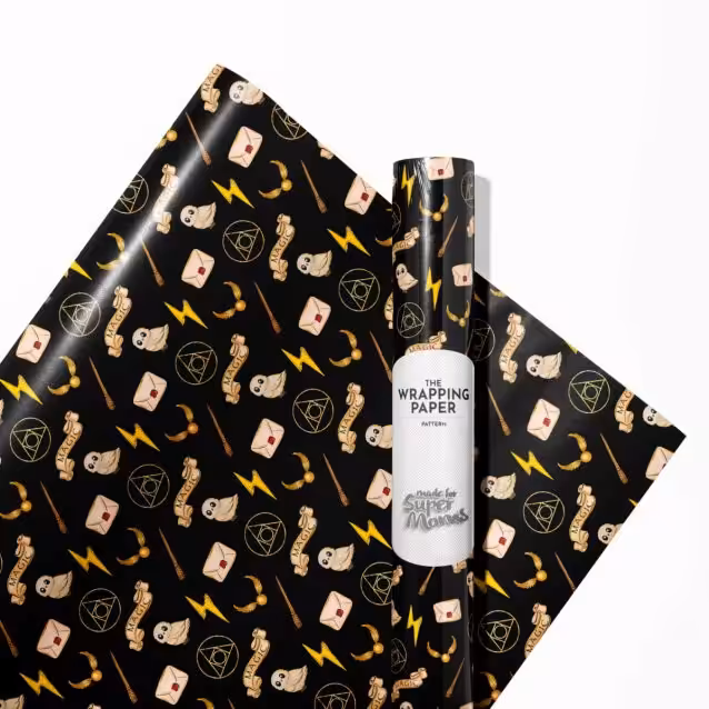 Themed wrapping paper showcasing a pattern of wands, glasses, and lightning bolts.