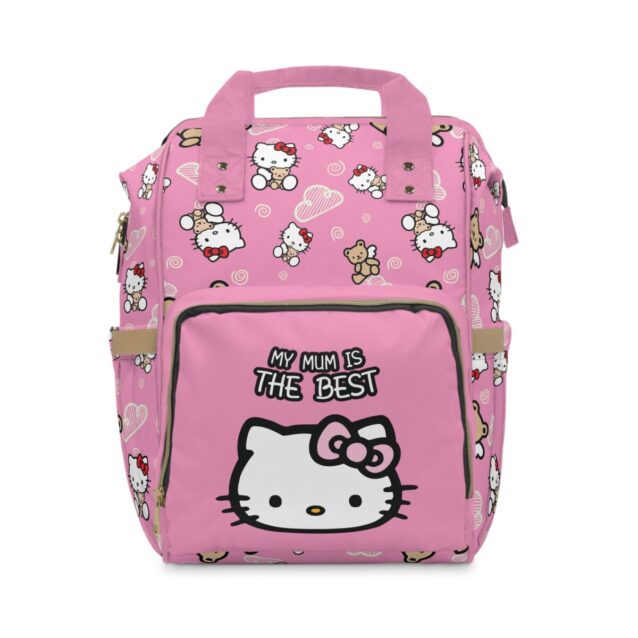 Bright pink Hello Kitty nappy bag covered in teddies and clouds, personalized for mum.