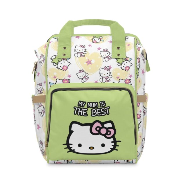 Green-pocket Hello Kitty changing bag with starry white top and "My Mum Is The Best" lettering.