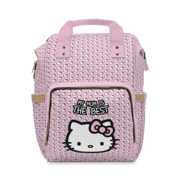 Pink monogram-pattern Hello Kitty diaper bag with the classic Kitty face pocket.