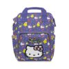 Purple Hello Kitty diaper bag with space stars and planets, Kitty face on the front pocket.