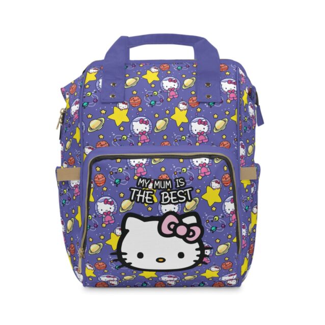 Purple Hello Kitty diaper bag with space stars and planets, Kitty face on the front pocket.