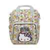 White Hello Kitty diaper backpack with a spring flower print and pink bow Kitty on the pocket.
