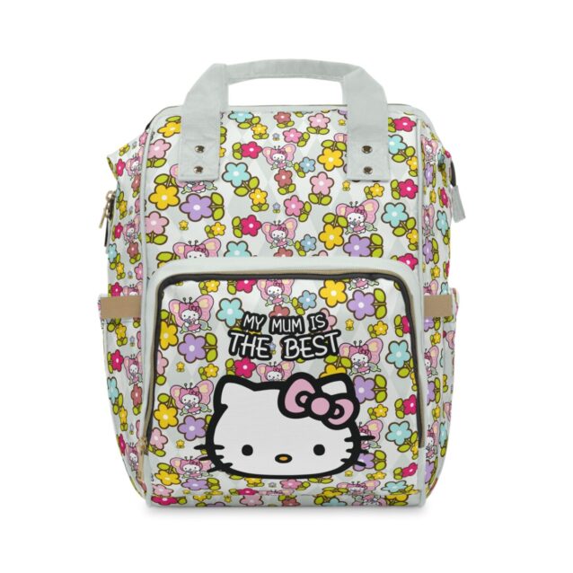 White Hello Kitty diaper backpack with a spring flower print and pink bow Kitty on the pocket.