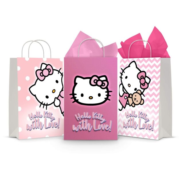 Three printable Hello Kitty goodie bag fronts on paper party bags — Kitty on pink polka dots, a bold magenta close-up of her face, and Kitty with her teddy bear on pink chevron, each with the "Hello Kitty with Love!" script.