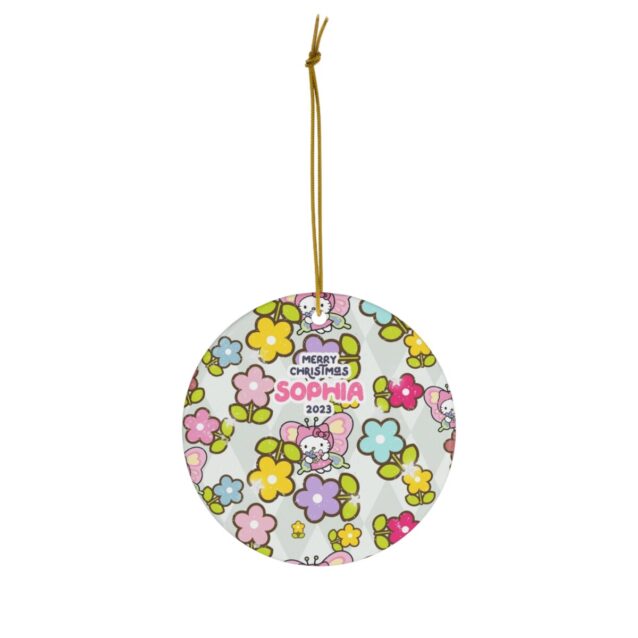 Colorful flower garden pattern with Hello Kitty among blooms on this custom name Christmas ornament