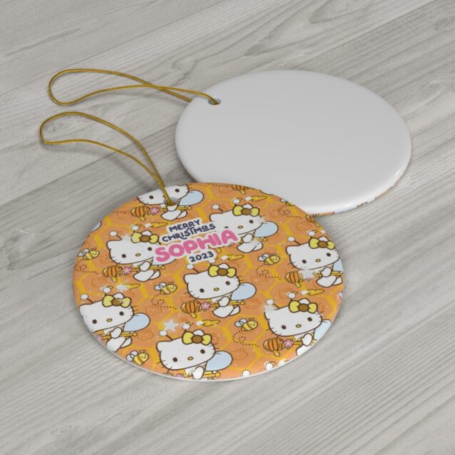 Honey-bee Kitty pattern in warm amber tones - a sweet personalized Hello Kitty holiday ornament