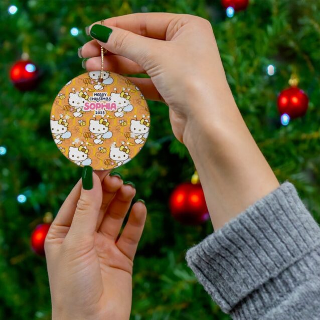 Honey-bee Kitty pattern in warm amber tones - a sweet personalized Hello Kitty holiday ornament