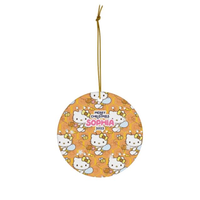 Honey-bee Kitty pattern in warm amber tones - a sweet personalized Hello Kitty holiday ornament