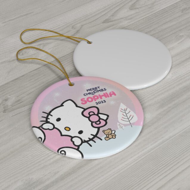 Soft pink Hello Kitty ornament with teddy bear and bow, personalized with your child's name for Christmas