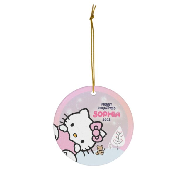 Soft pink Hello Kitty ornament with teddy bear and bow, personalized with your child's name for Christmas