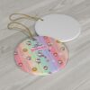 Pastel rainbow stripe pattern dotted with tiny Kitties - personalized Christmas ornament with name and year