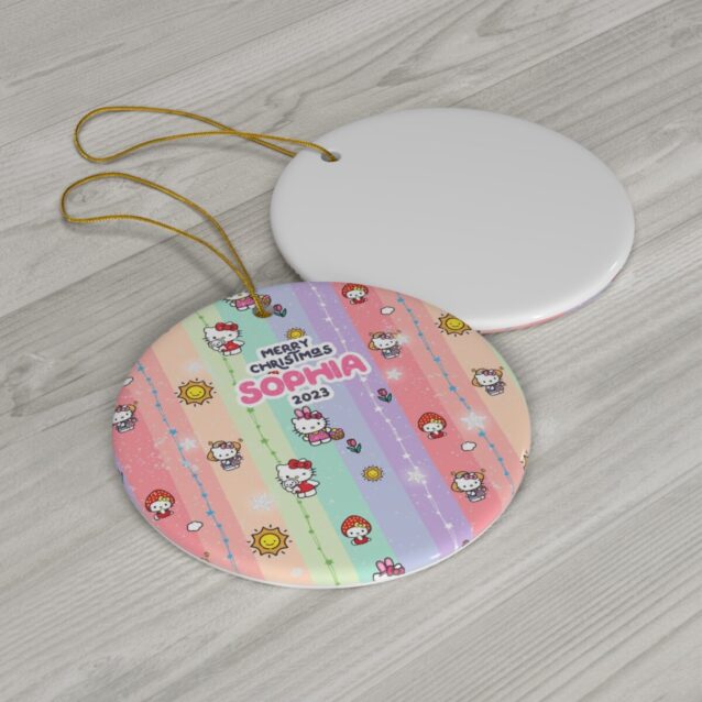 Pastel rainbow stripe pattern dotted with tiny Kitties - personalized Christmas ornament with name and year