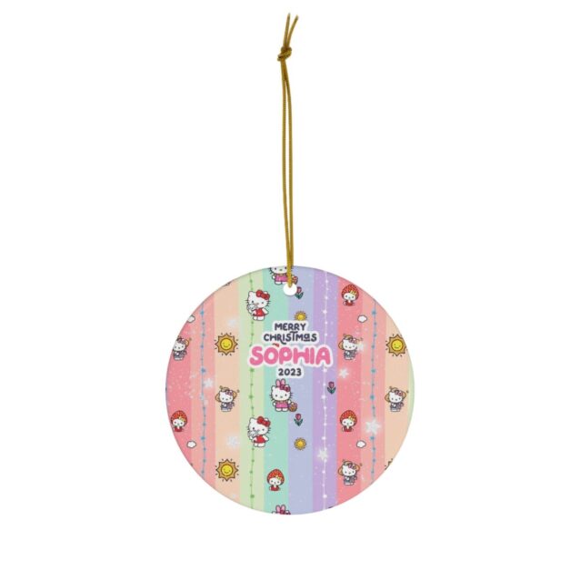 Pastel rainbow stripe pattern dotted with tiny Kitties - personalized Christmas ornament with name and year