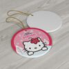 Kitty peeking over a snowy ledge with her red flower bow - personalized Christmas tree ornament