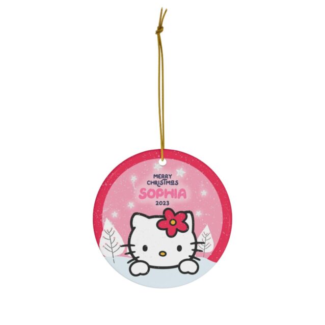 Kitty peeking over a snowy ledge with her red flower bow - personalized Christmas tree ornament