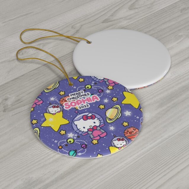 Astronaut Kitty among purple stars and planets - space adventure personalized Christmas ornament