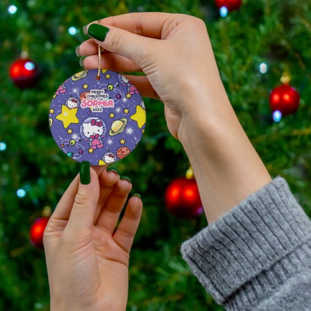 Astronaut Kitty among purple stars and planets - space adventure personalized Christmas ornament