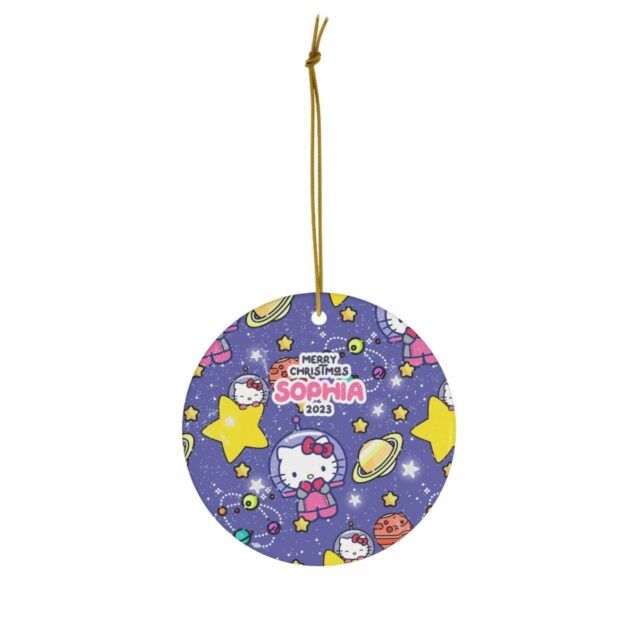 Astronaut Kitty among purple stars and planets - space adventure personalized Christmas ornament