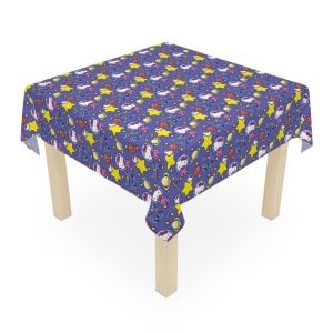 Large 8ft banquet table covered in Hello Kitty rainbow fabric for cake cutting ceremony