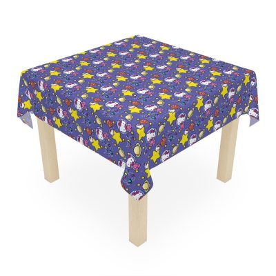 Large 8ft banquet table covered in Hello Kitty rainbow fabric for cake cutting ceremony