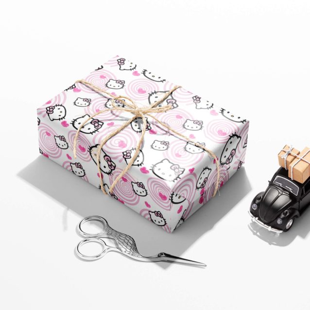 Free shipping banner overlaid on a selection of Hello Kitty wrapping paper.