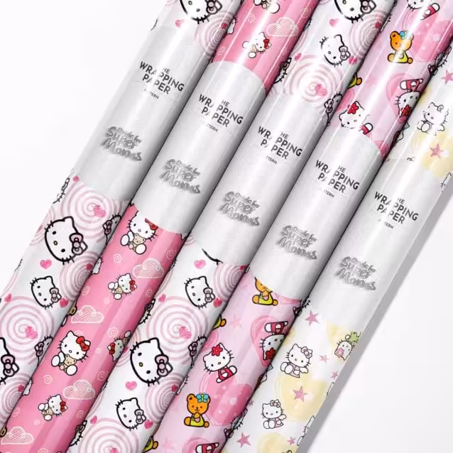 Hello Kitty Wrapping Paper roll showcasing a vibrant pink and white character print.